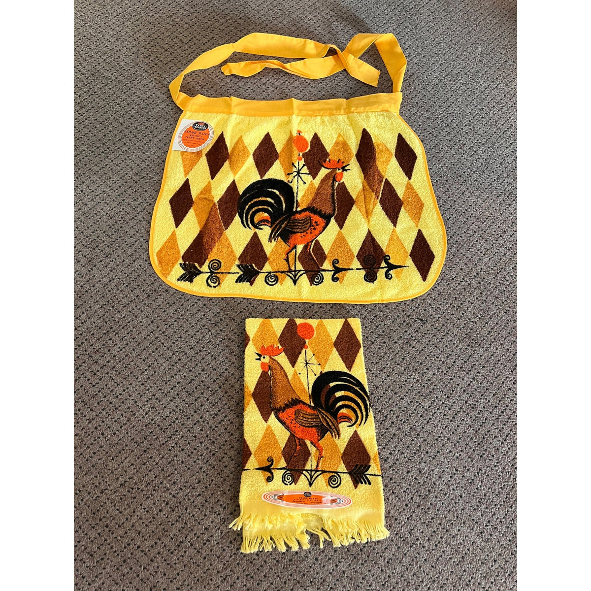 Vintage 1970s NOS Terry Treasure Rooster Kitchen Apron Towel Set MCM Retro US