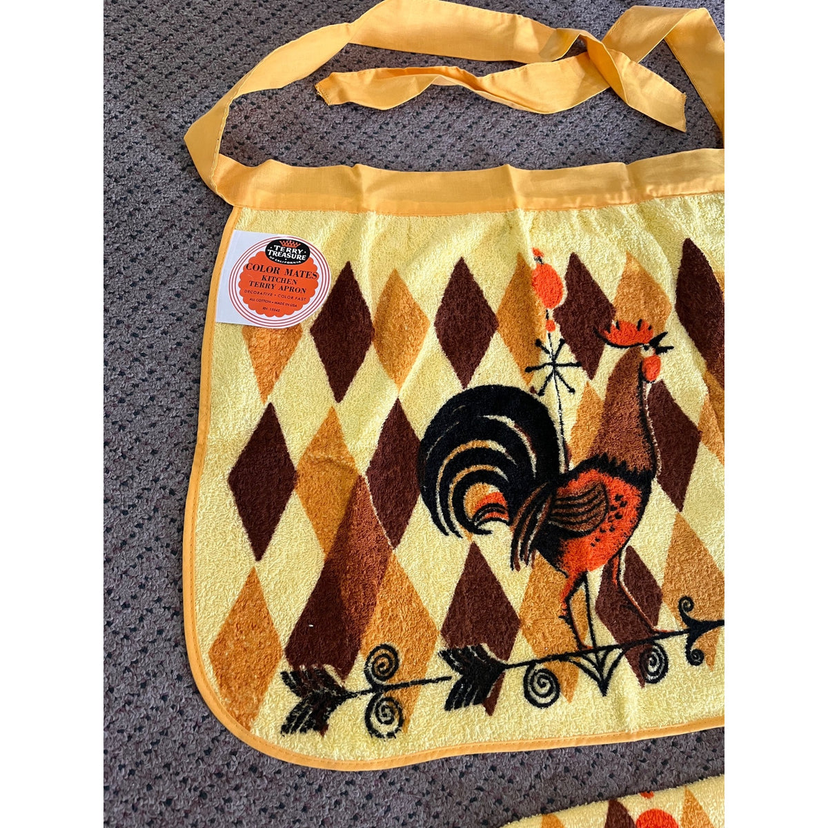 Vintage 1970s NOS Terry Treasure Rooster Kitchen Apron Towel Set MCM Retro US