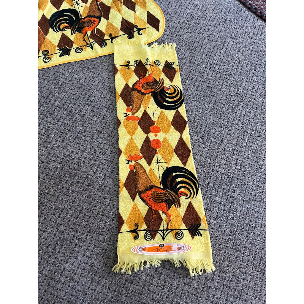 Vintage 1970s NOS Terry Treasure Rooster Kitchen Apron Towel Set MCM Retro US