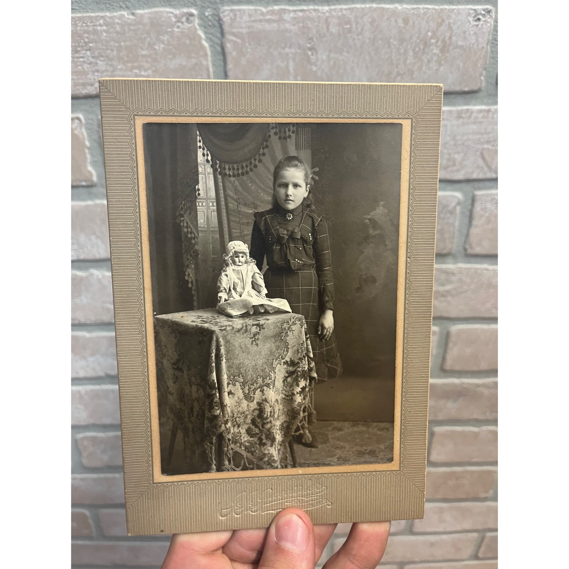 Antique Vintage Cabinet Photo Lovely Young Girl & Porcelain Doll - Lomira Wis