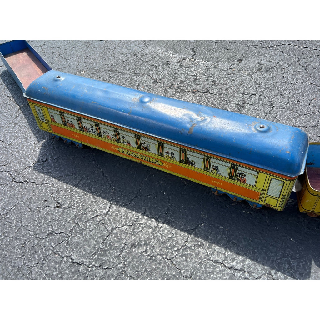 RARE Converse Large Scale Tin Train Toy 4pc Set Locomotive Manila Passenger Car