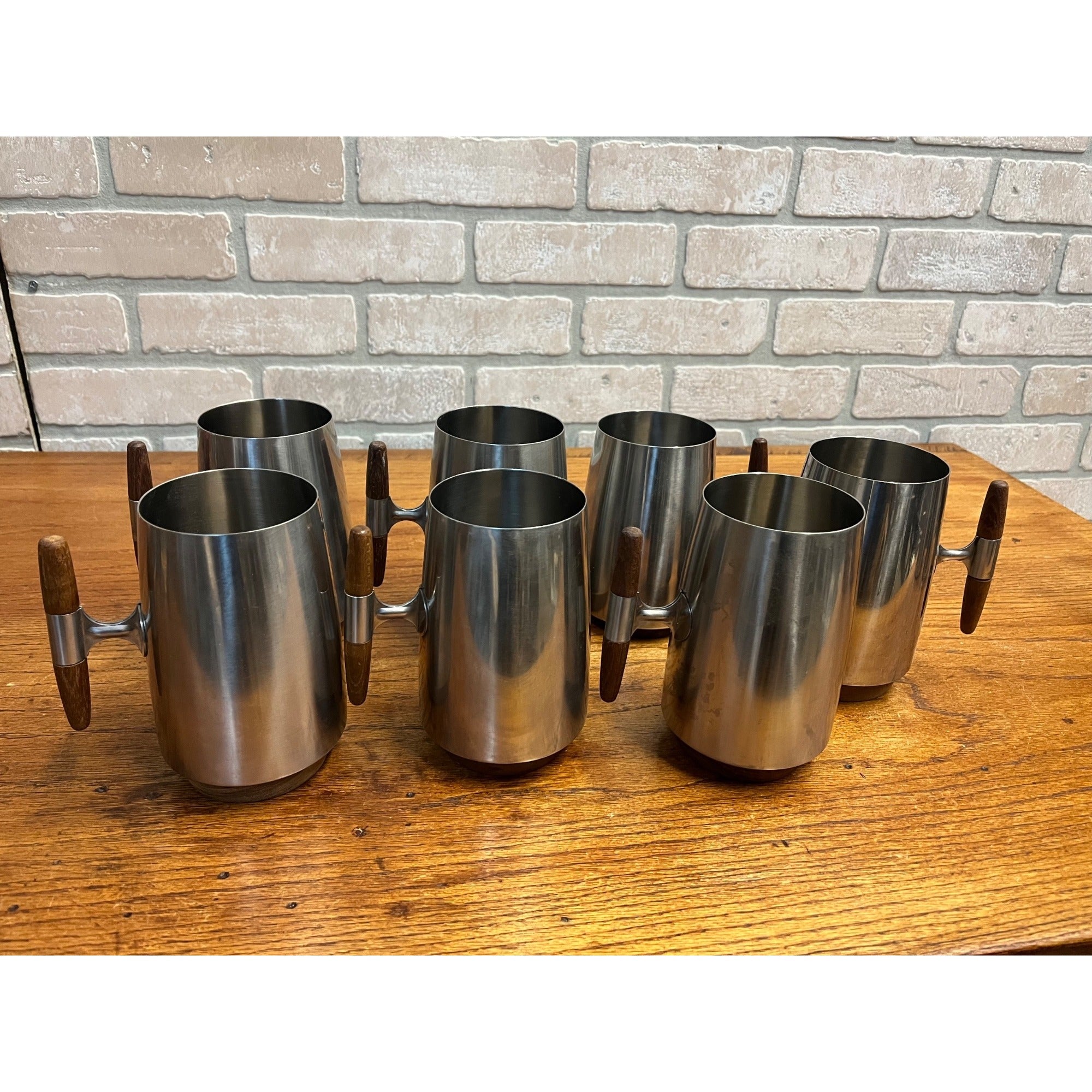 MCM 1960s Arthur Salm Stainless Steel and Teak Wood Tankards Mugs Cups Set (7)