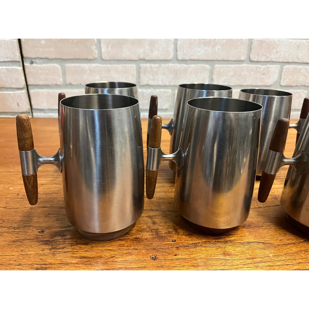 MCM 1960s Arthur Salm Stainless Steel and Teak Wood Tankards Mugs Cups Set (7)