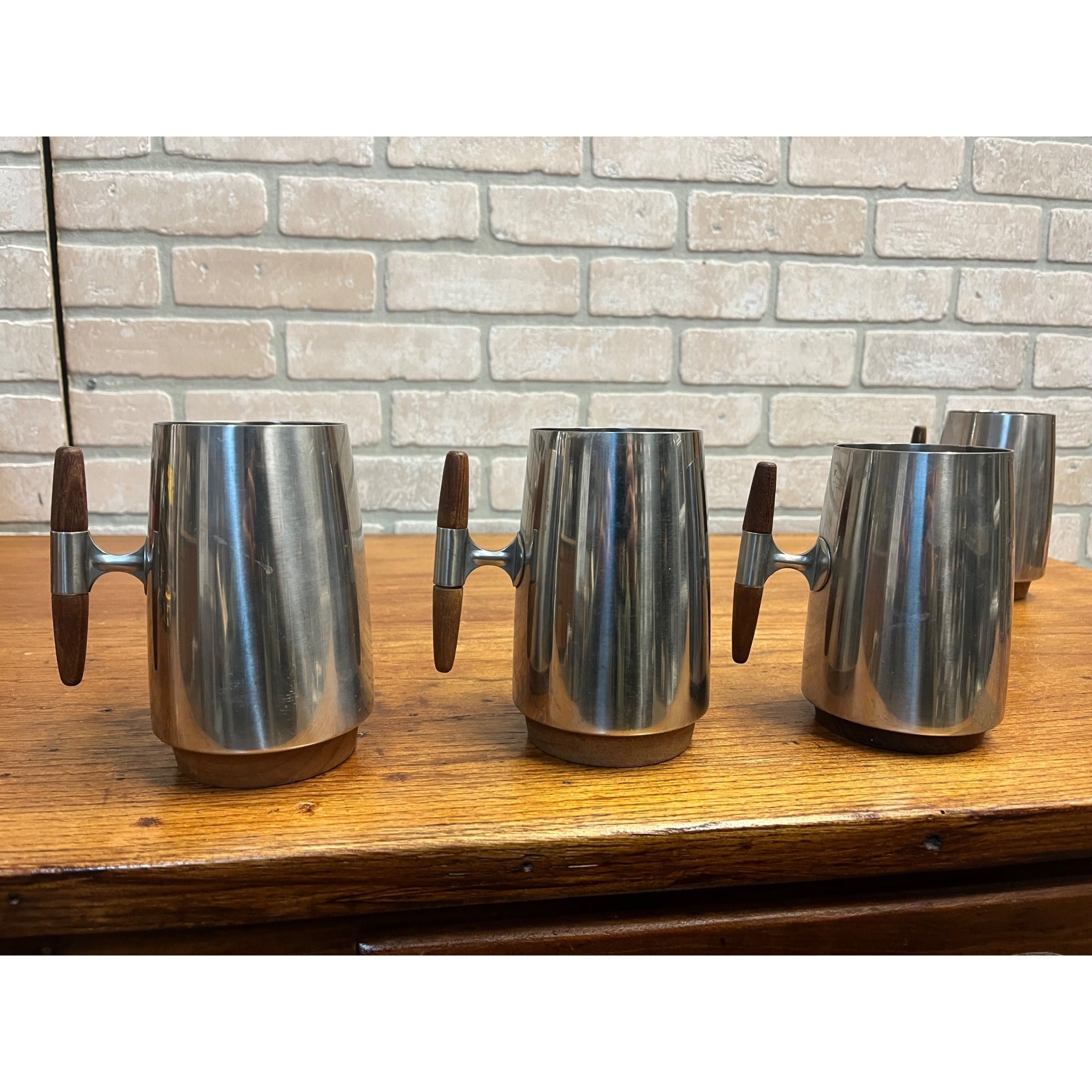 MCM 1960s Arthur Salm Stainless Steel and Teak Wood Tankards Mugs Cups Set (7)