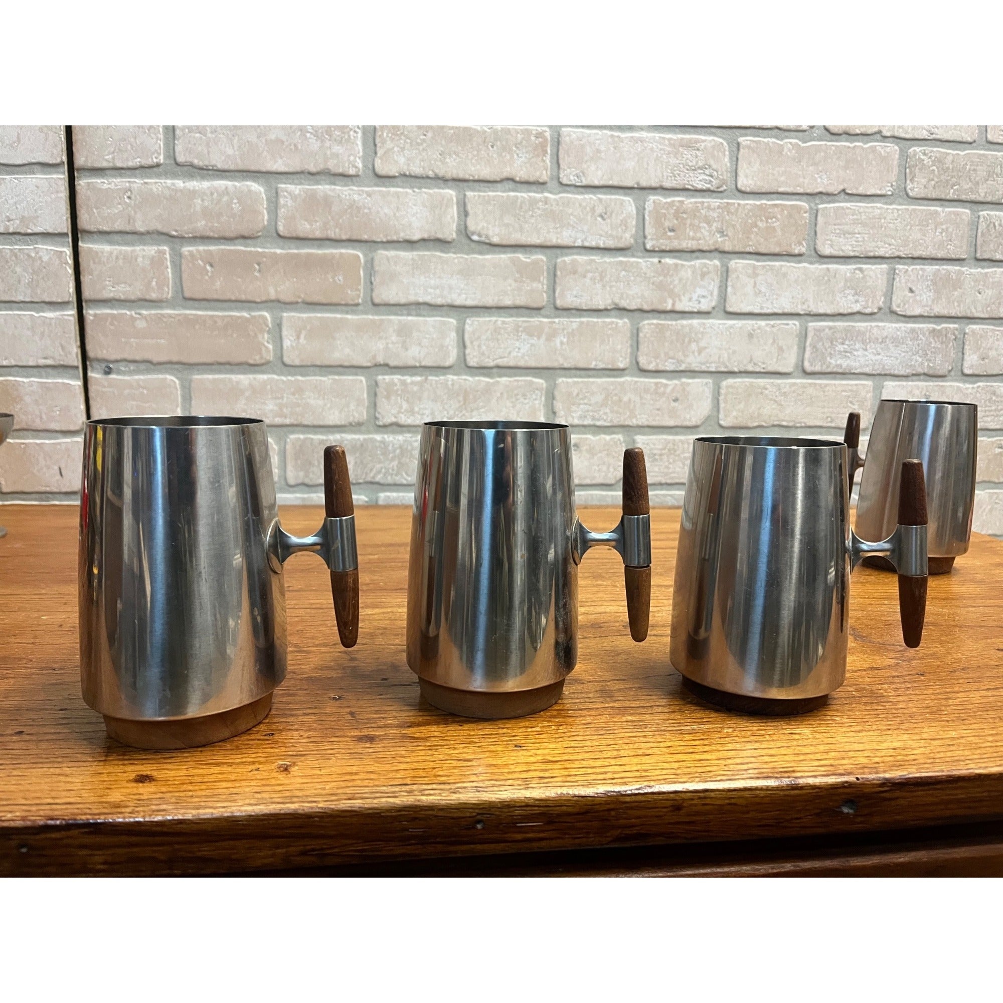 MCM 1960s Arthur Salm Stainless Steel and Teak Wood Tankards Mugs Cups Set (7)