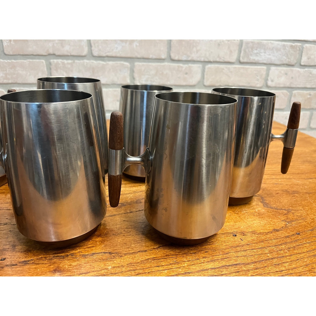 MCM 1960s Arthur Salm Stainless Steel and Teak Wood Tankards Mugs Cups Set (7)