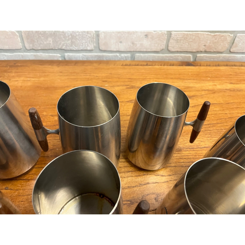 MCM 1960s Arthur Salm Stainless Steel and Teak Wood Tankards Mugs Cups Set (7)