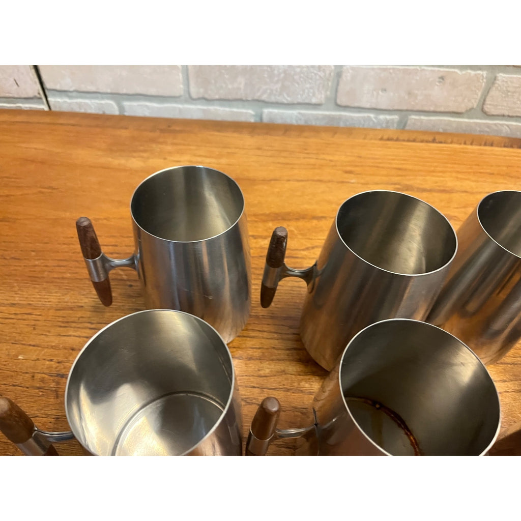 MCM 1960s Arthur Salm Stainless Steel and Teak Wood Tankards Mugs Cups Set (7)