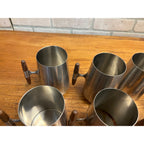 MCM 1960s Arthur Salm Stainless Steel and Teak Wood Tankards Mugs Cups Set (7)