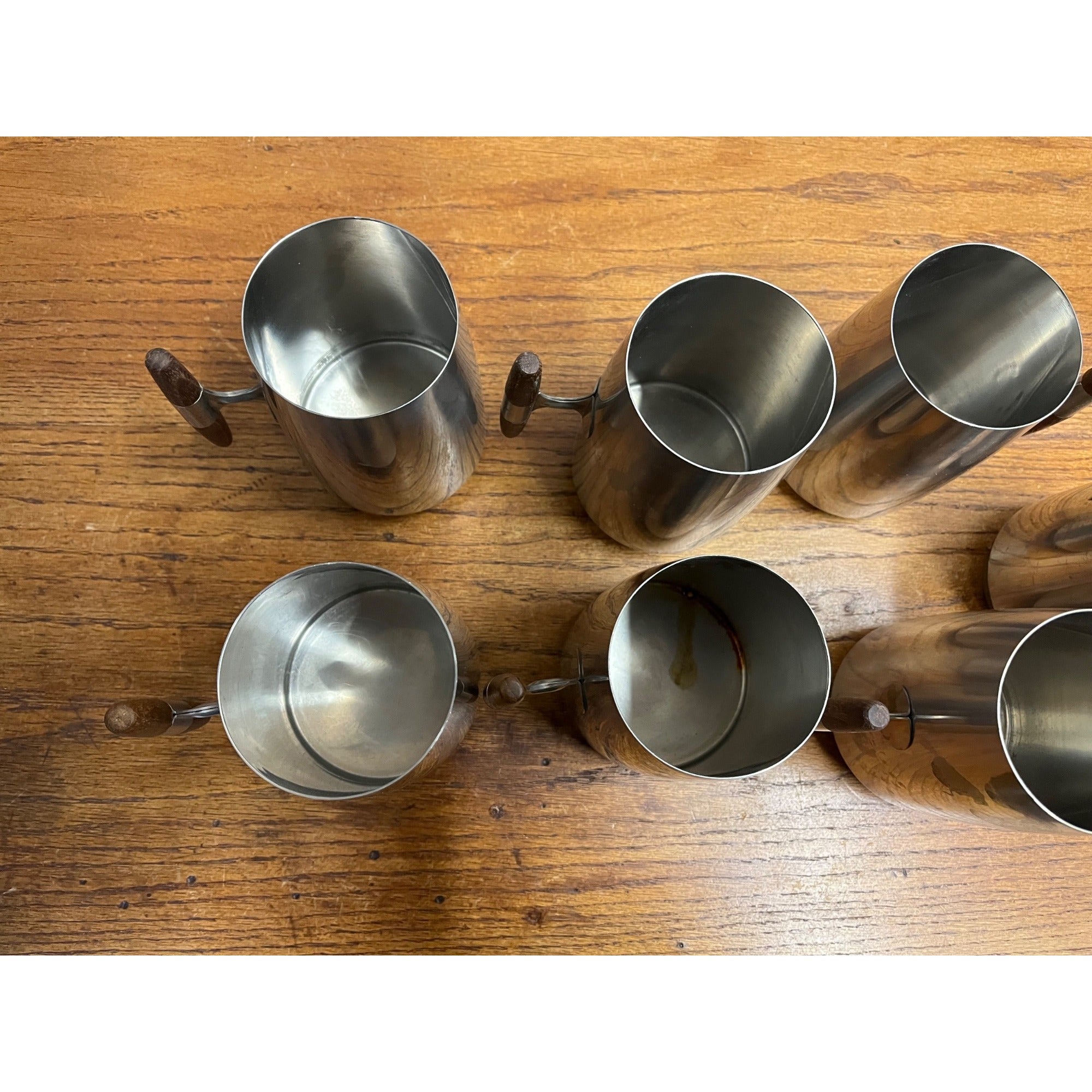 MCM 1960s Arthur Salm Stainless Steel and Teak Wood Tankards Mugs Cups Set (7)