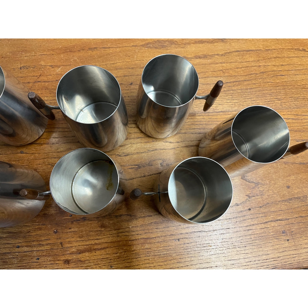 MCM 1960s Arthur Salm Stainless Steel and Teak Wood Tankards Mugs Cups Set (7)