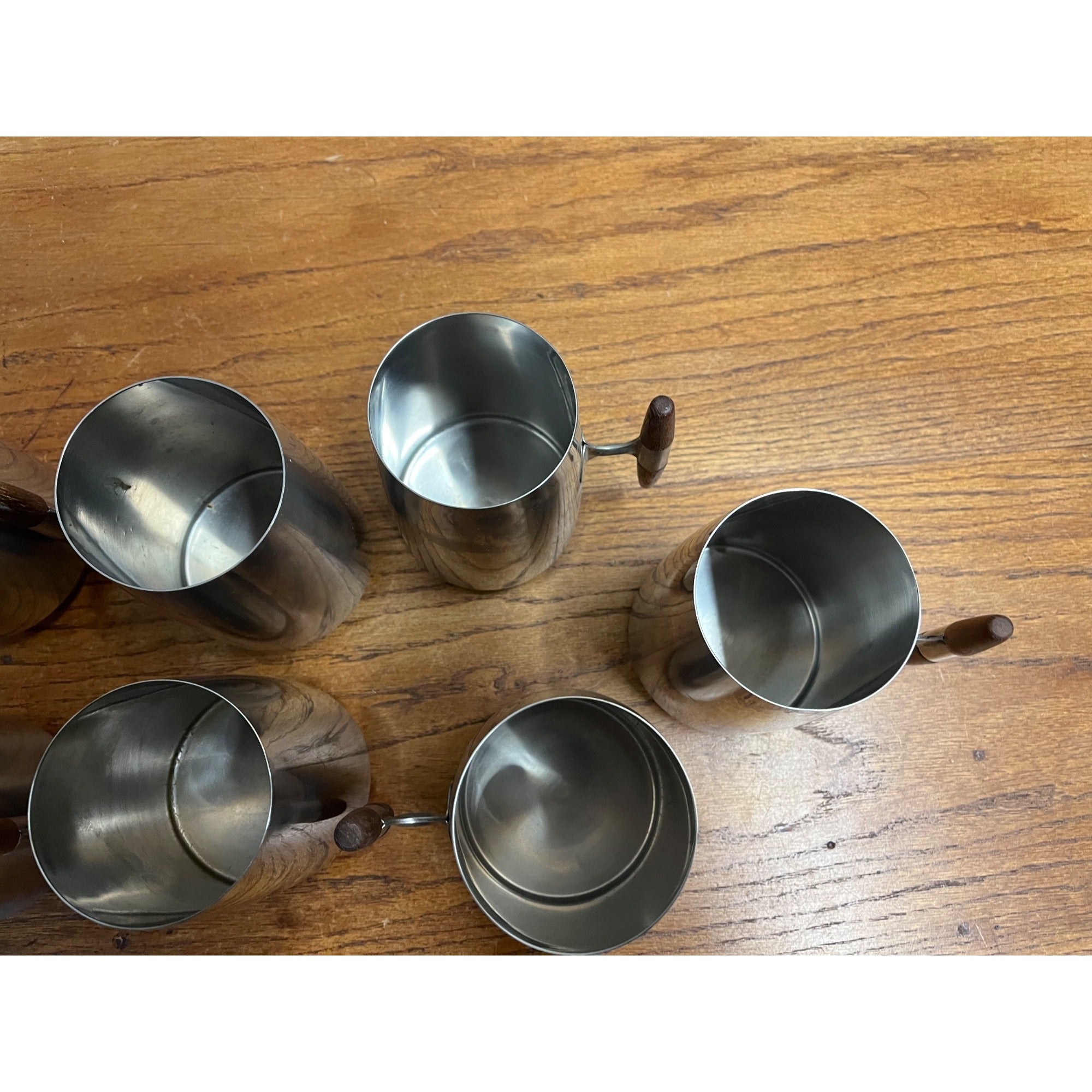 MCM 1960s Arthur Salm Stainless Steel and Teak Wood Tankards Mugs Cups Set (7)