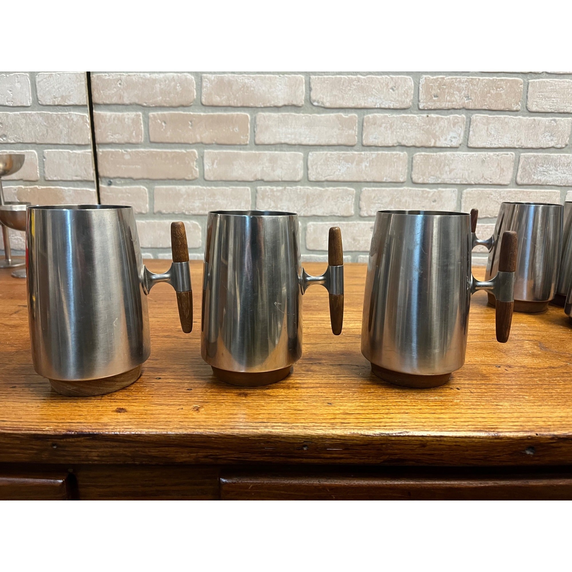 MCM 1960s Arthur Salm Stainless Steel and Teak Wood Tankards Mugs Cups Set (7)
