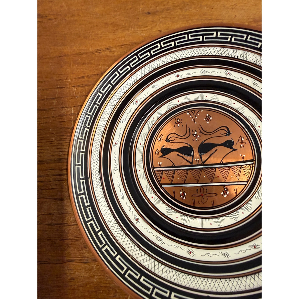 Vintage Hand-Painted Grecian Enamelware Souvenir Copper Wall Plate With Stylized Gazelles and Greek Key Border MCM