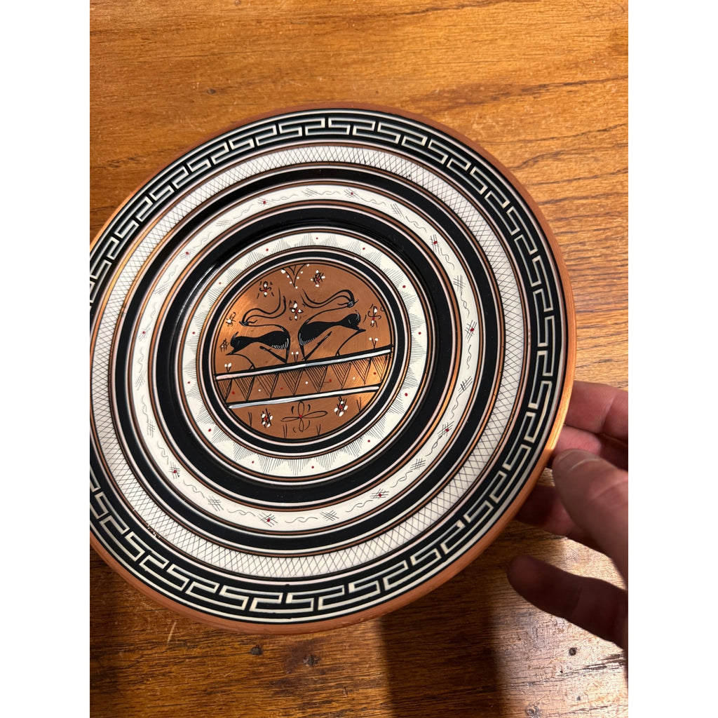 Vintage Hand-Painted Grecian Enamelware Souvenir Copper Wall Plate With Stylized Gazelles and Greek Key Border MCM