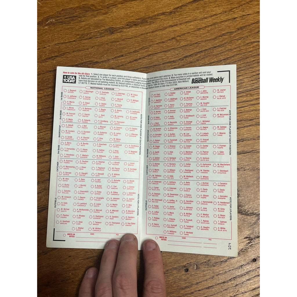 Vintage 1994 Official MLB All-Star Voting Ballot Unused - Pittsburg Pirates