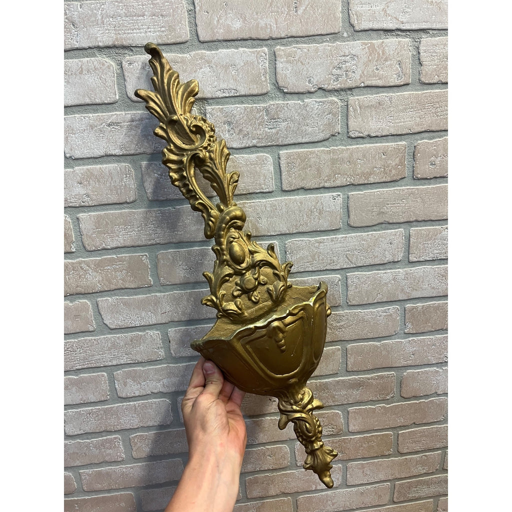 Vintage Cast Aluminum Rococo Wall Pocket Gold French Floral Planter Hanging