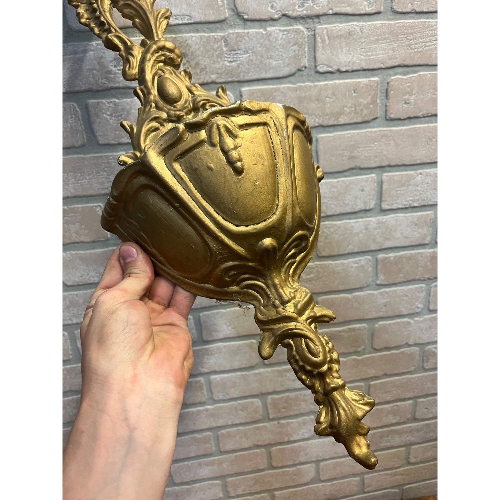 Vintage Cast Aluminum Rococo Wall Pocket Gold French Floral Planter Hanging