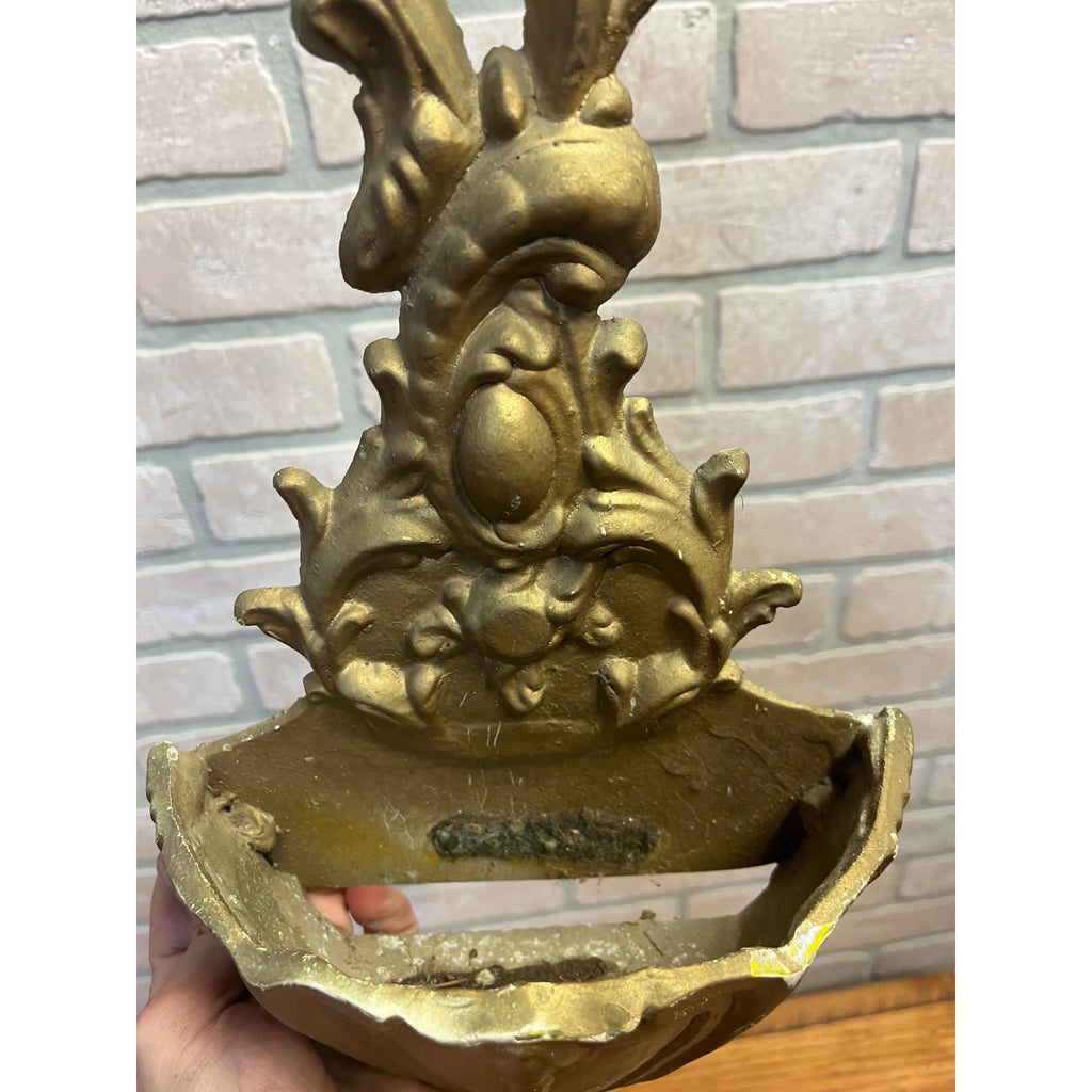 Vintage Cast Aluminum Rococo Wall Pocket Gold French Floral Planter Hanging