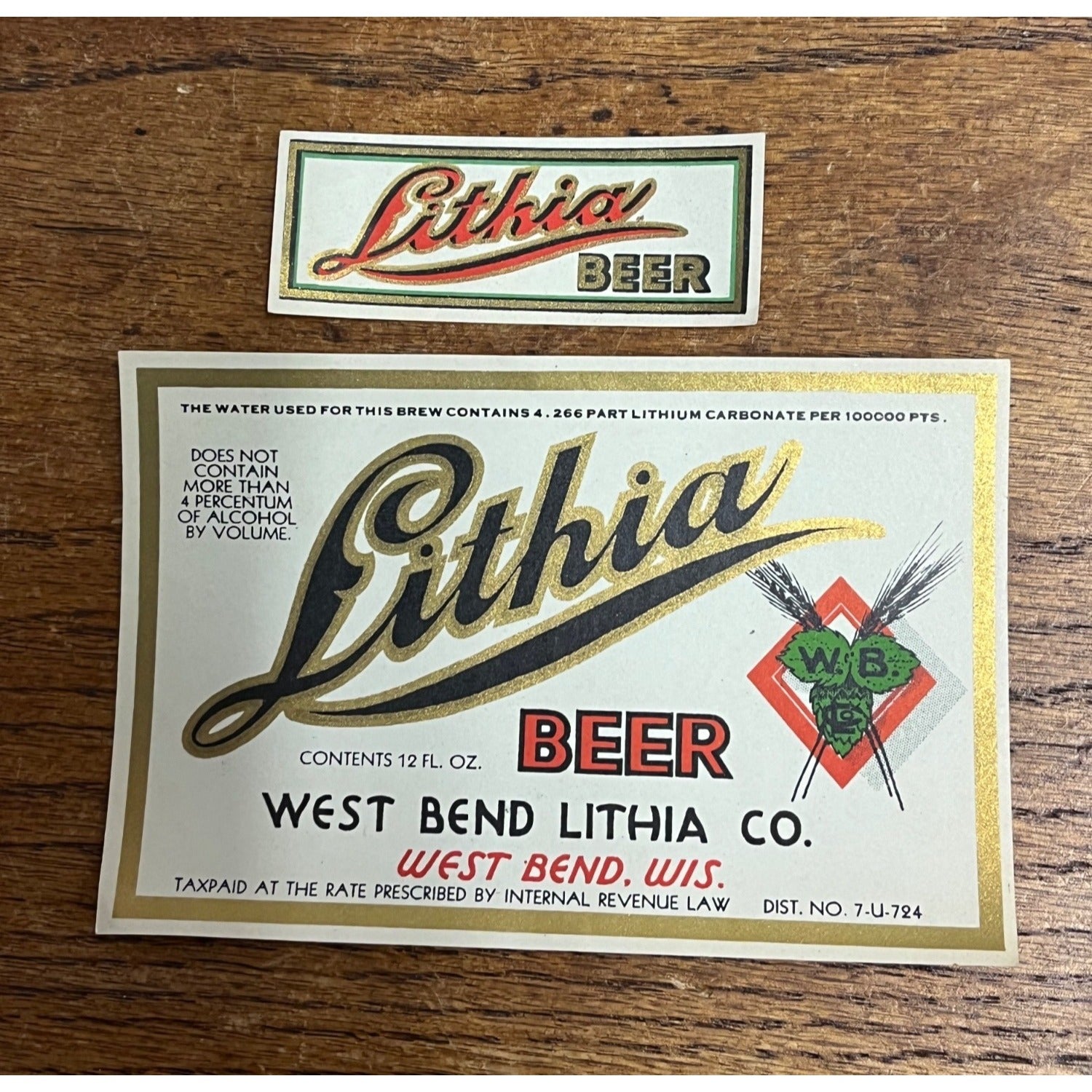 Vintage 1930s West Bend Lithia IRTP Beer Bottle Label White & Gold U-Permit