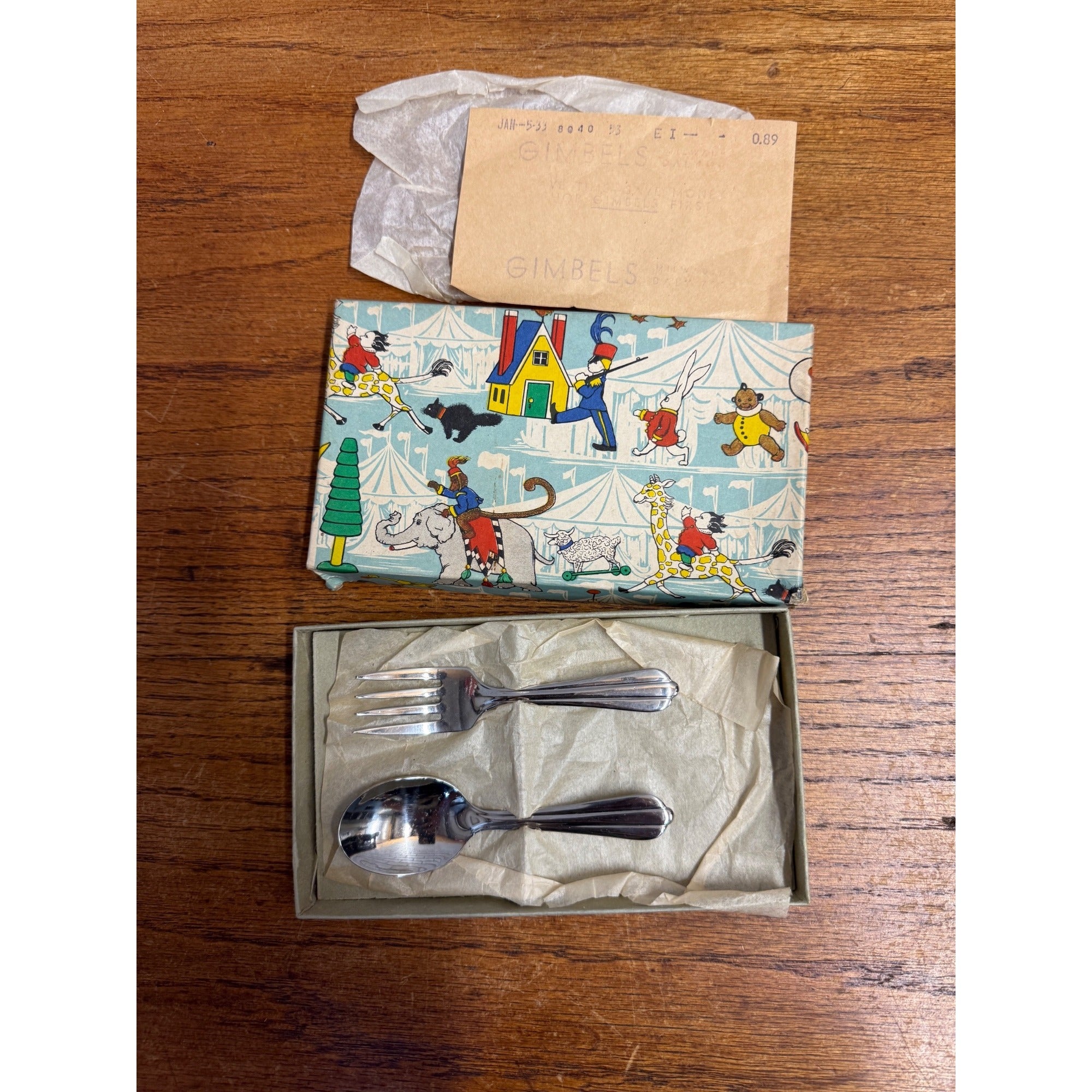Vintage Baby's First Spoon and Fork in Circus Theme Presentation Box Sold by Gimbel's Department Store Milwaukee, WI 1933