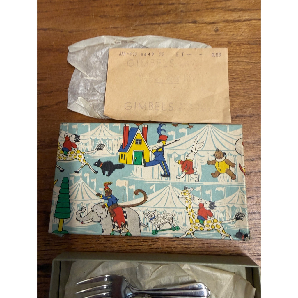 Vintage Baby's First Spoon and Fork in Circus Theme Presentation Box Sold by Gimbel's Department Store Milwaukee, WI 1933