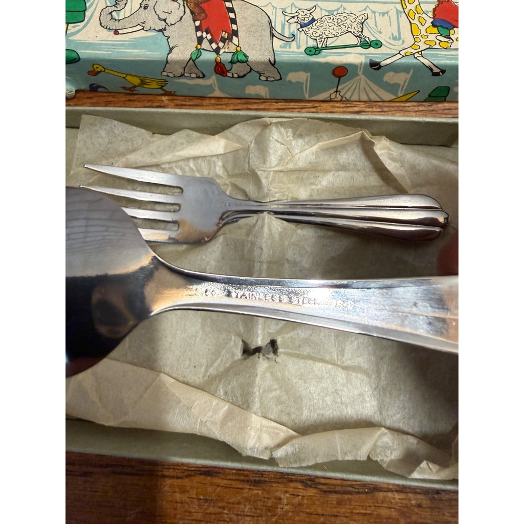 Vintage Baby's First Spoon and Fork in Circus Theme Presentation Box Sold by Gimbel's Department Store Milwaukee, WI 1933