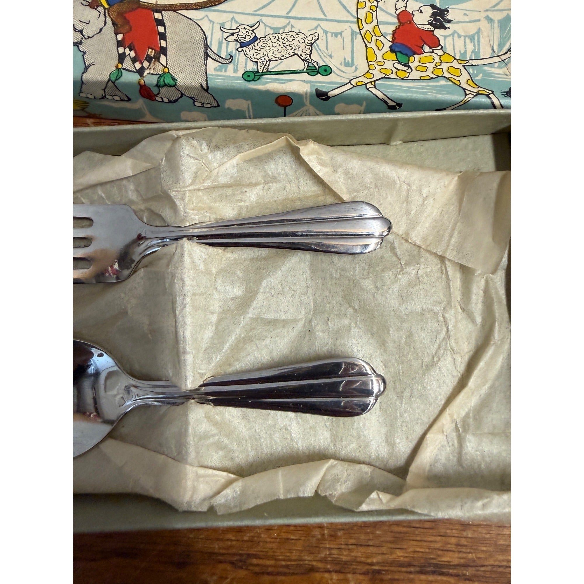 Vintage Baby's First Spoon and Fork in Circus Theme Presentation Box Sold by Gimbel's Department Store Milwaukee, WI 1933