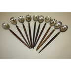 Lot of 10 Vintage MCM Stainless Steel Salad Serving Utensils Wood Handles