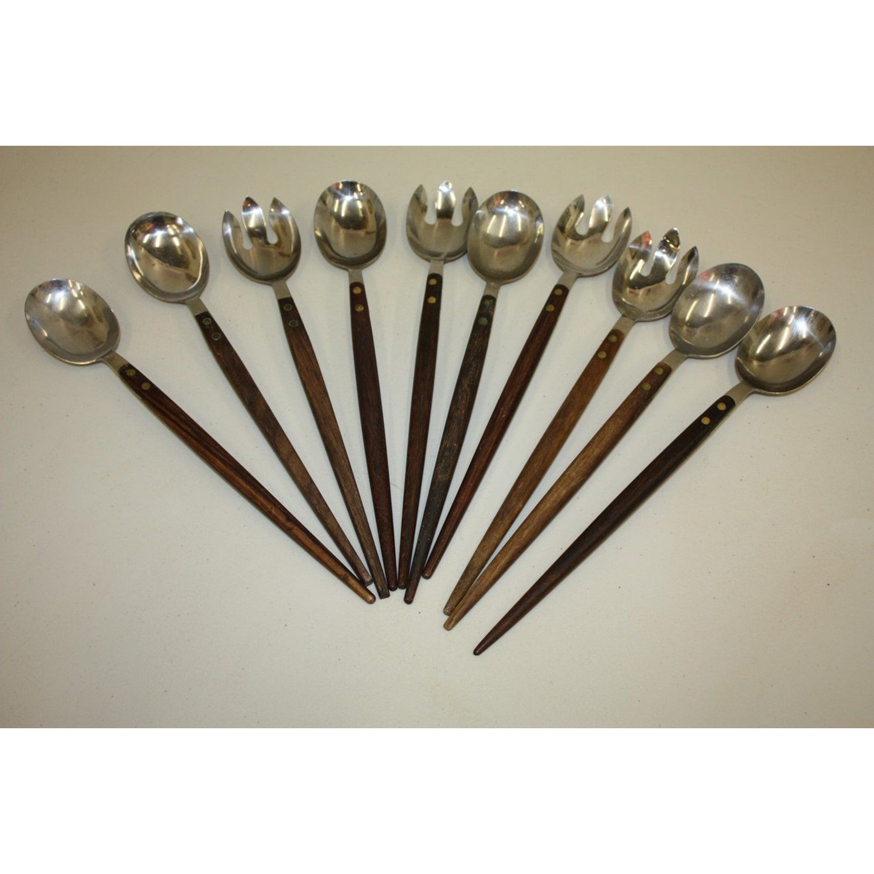 Lot of 10 Vintage MCM Stainless Steel Salad Serving Utensils Wood Handles