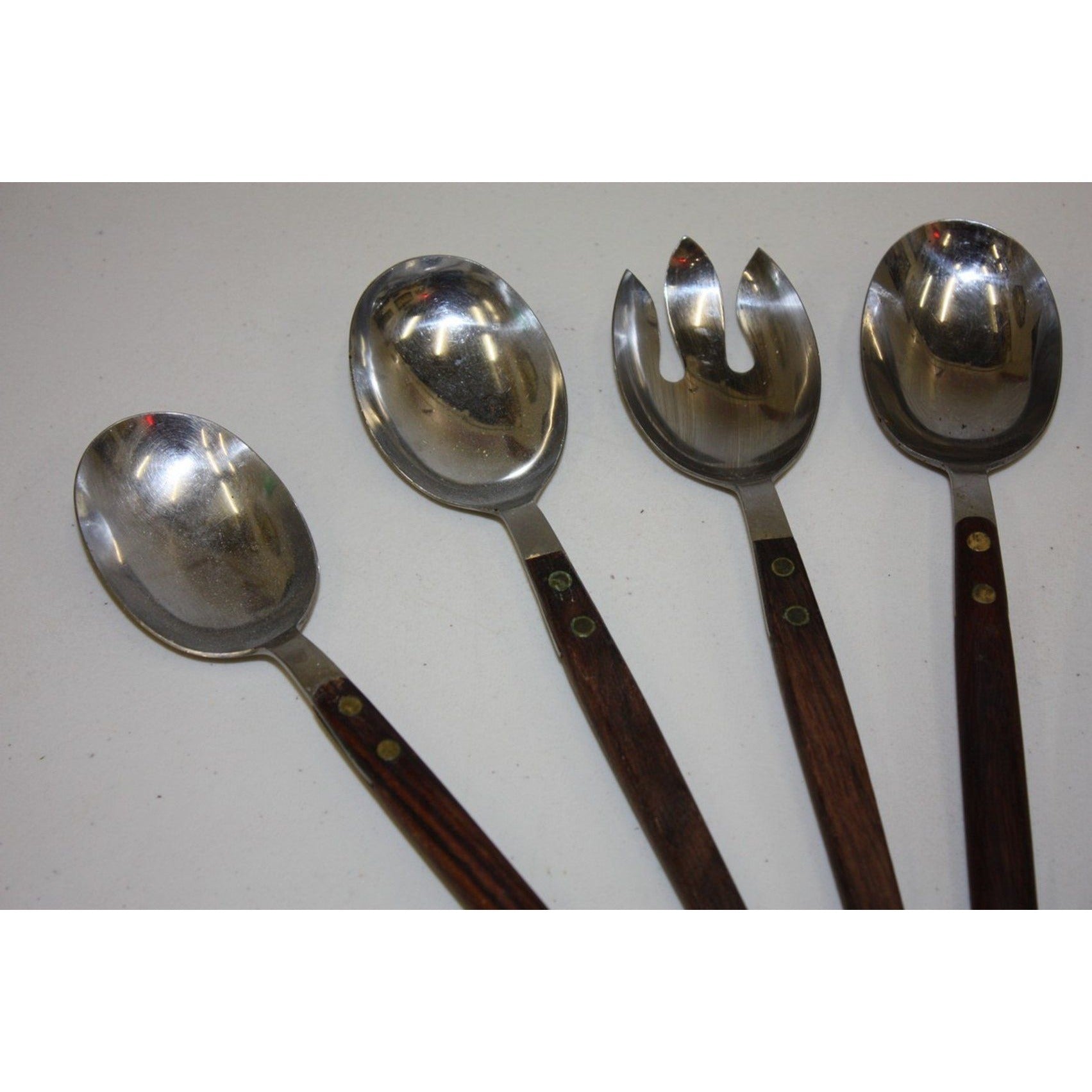 Lot of 10 Vintage MCM Stainless Steel Salad Serving Utensils Wood Handles