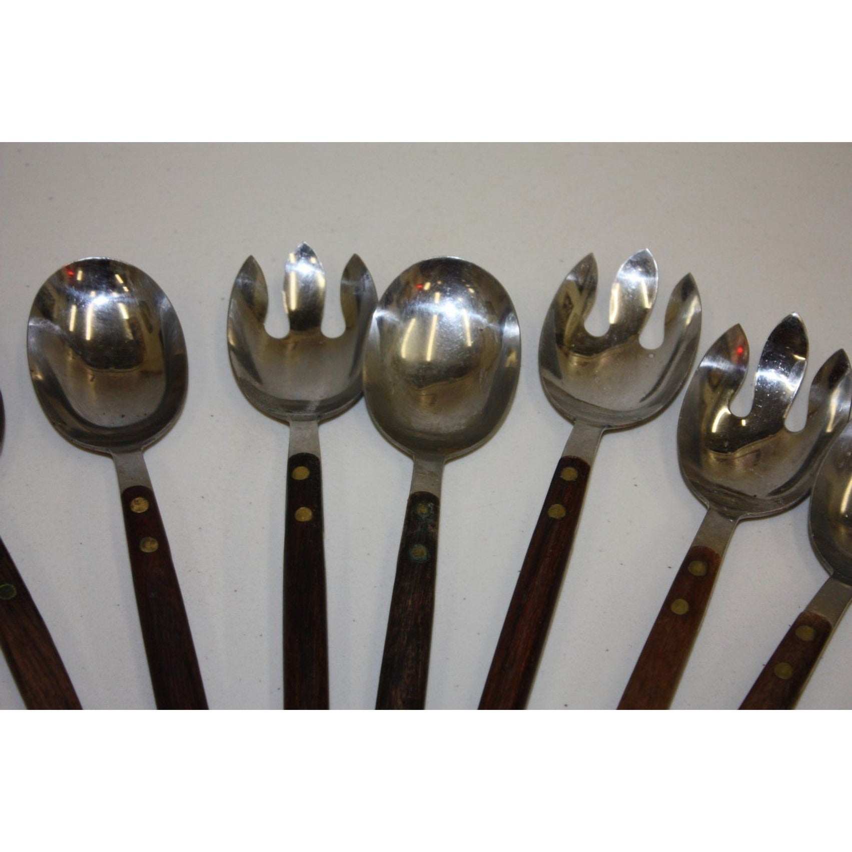 Lot of 10 Vintage MCM Stainless Steel Salad Serving Utensils Wood Handles