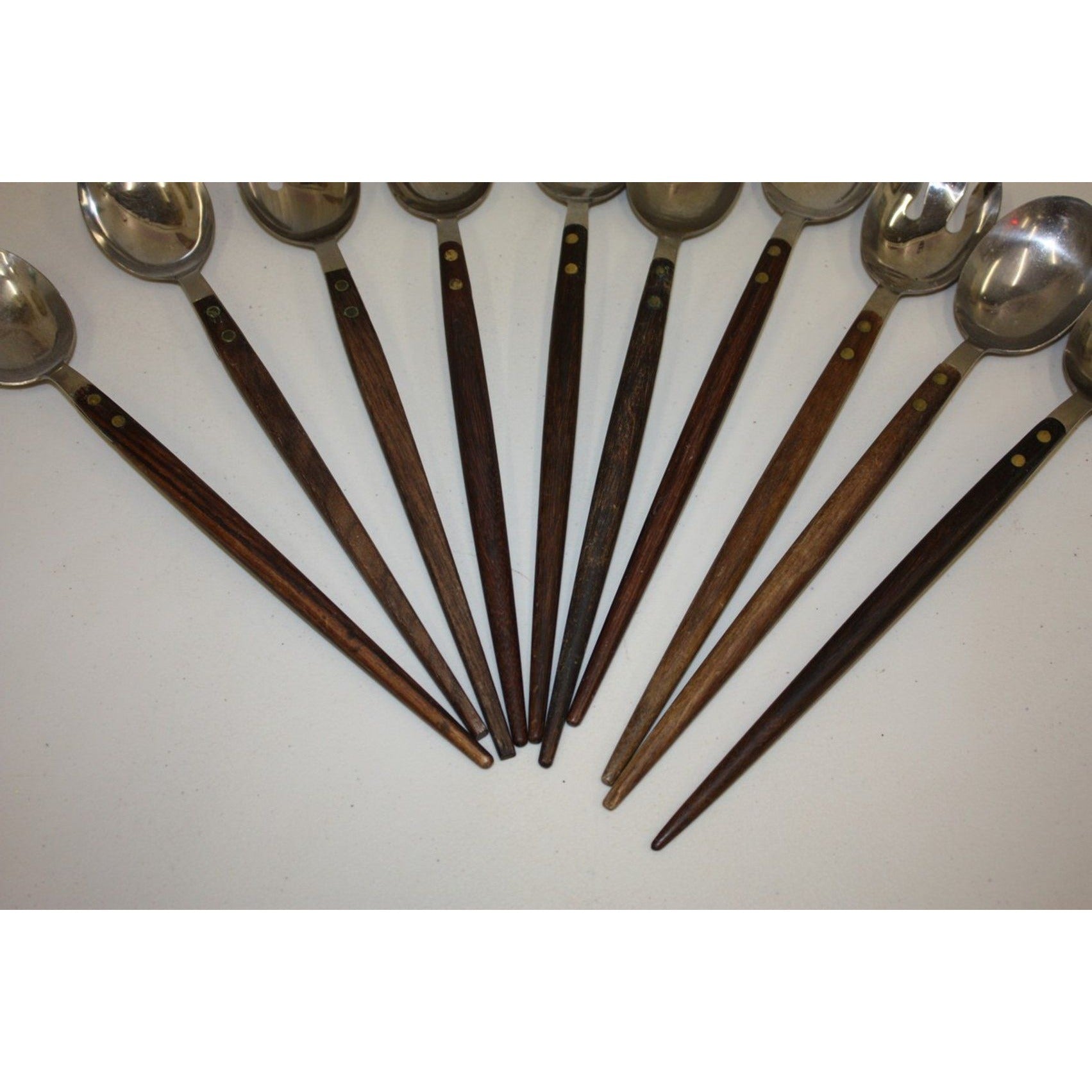 Lot of 10 Vintage MCM Stainless Steel Salad Serving Utensils Wood Handles