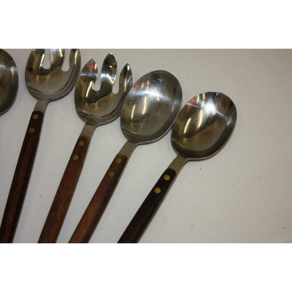 Lot of 10 Vintage MCM Stainless Steel Salad Serving Utensils Wood Handles