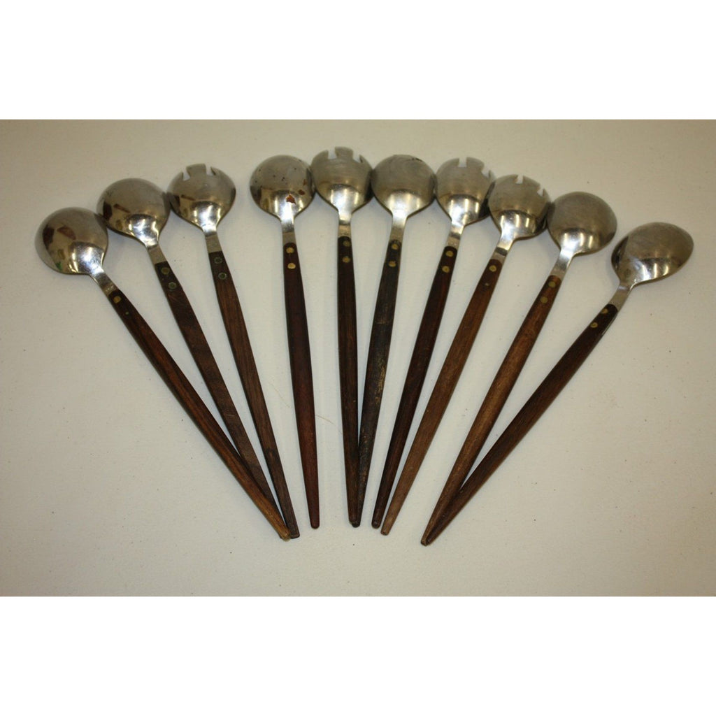 Lot of 10 Vintage MCM Stainless Steel Salad Serving Utensils Wood Handles