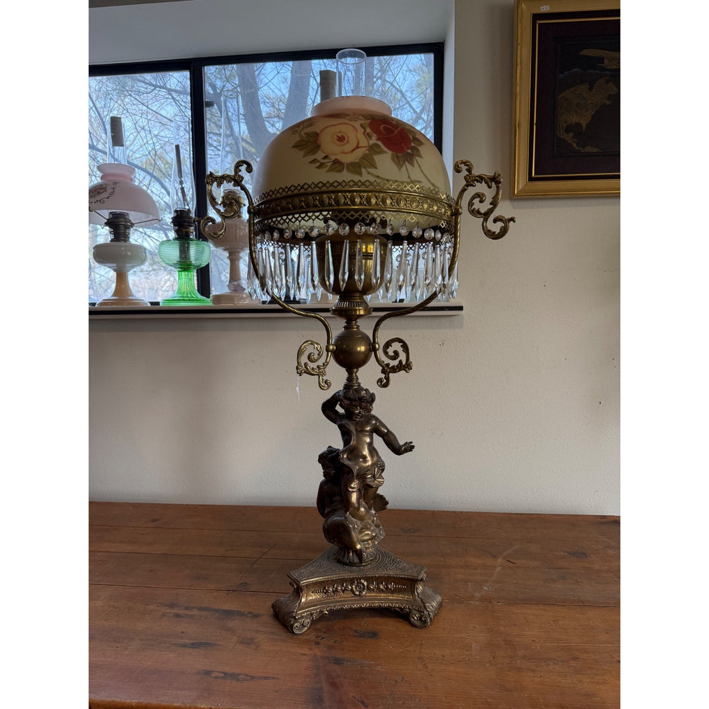 Antique Victorian John Scott Duplex Cherub Banquet Oil Lamp Original 1900s