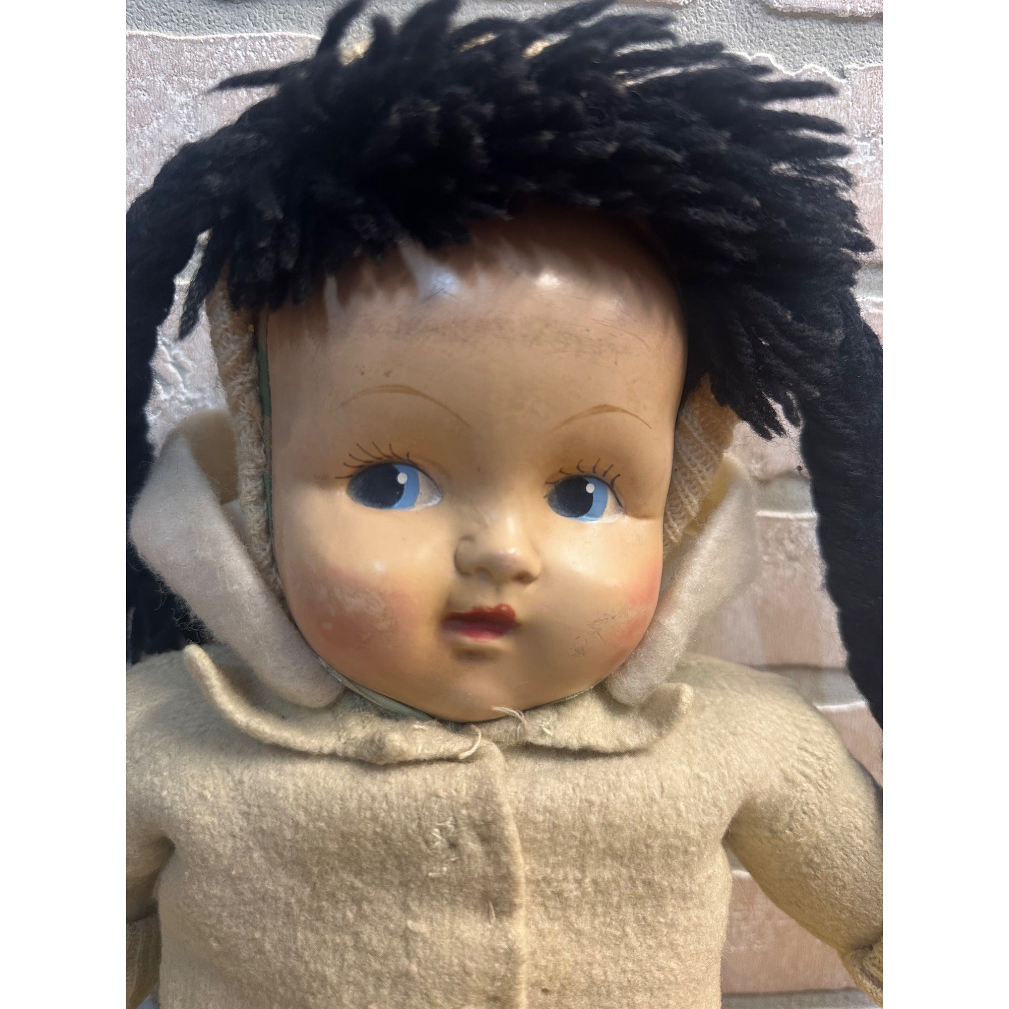 Vintage Eskimo Inuit Doll Composite Head w/ Soft Cloth Body 1940s-50s