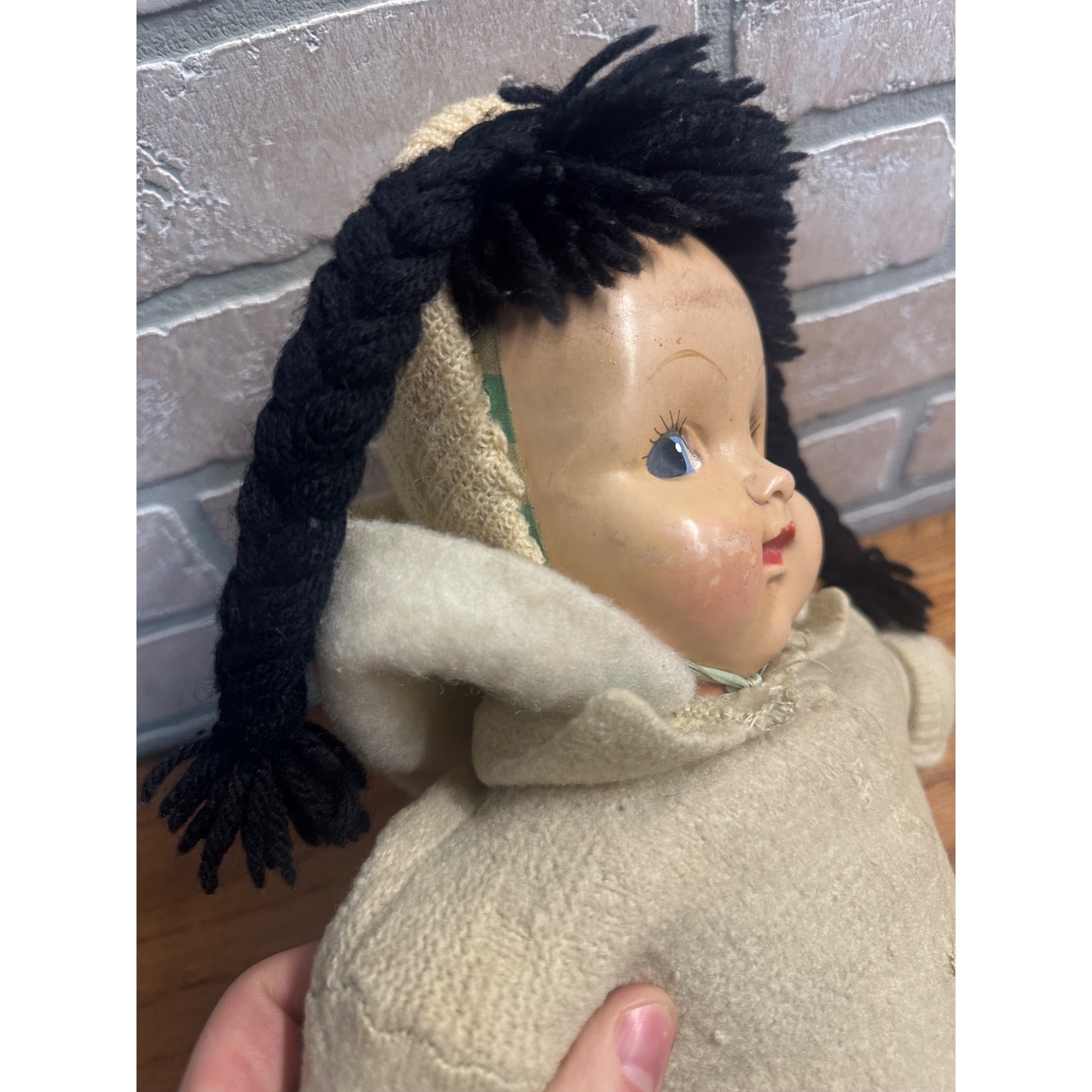 Vintage Eskimo Inuit Doll Composite Head w/ Soft Cloth Body 1940s-50s