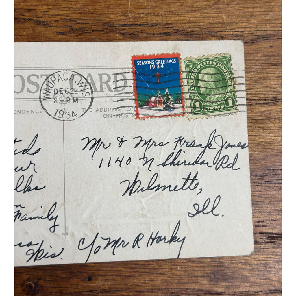 Vintage 1934 Christmas Postcard w/ Christmas Seal Tied Seaons Greetings