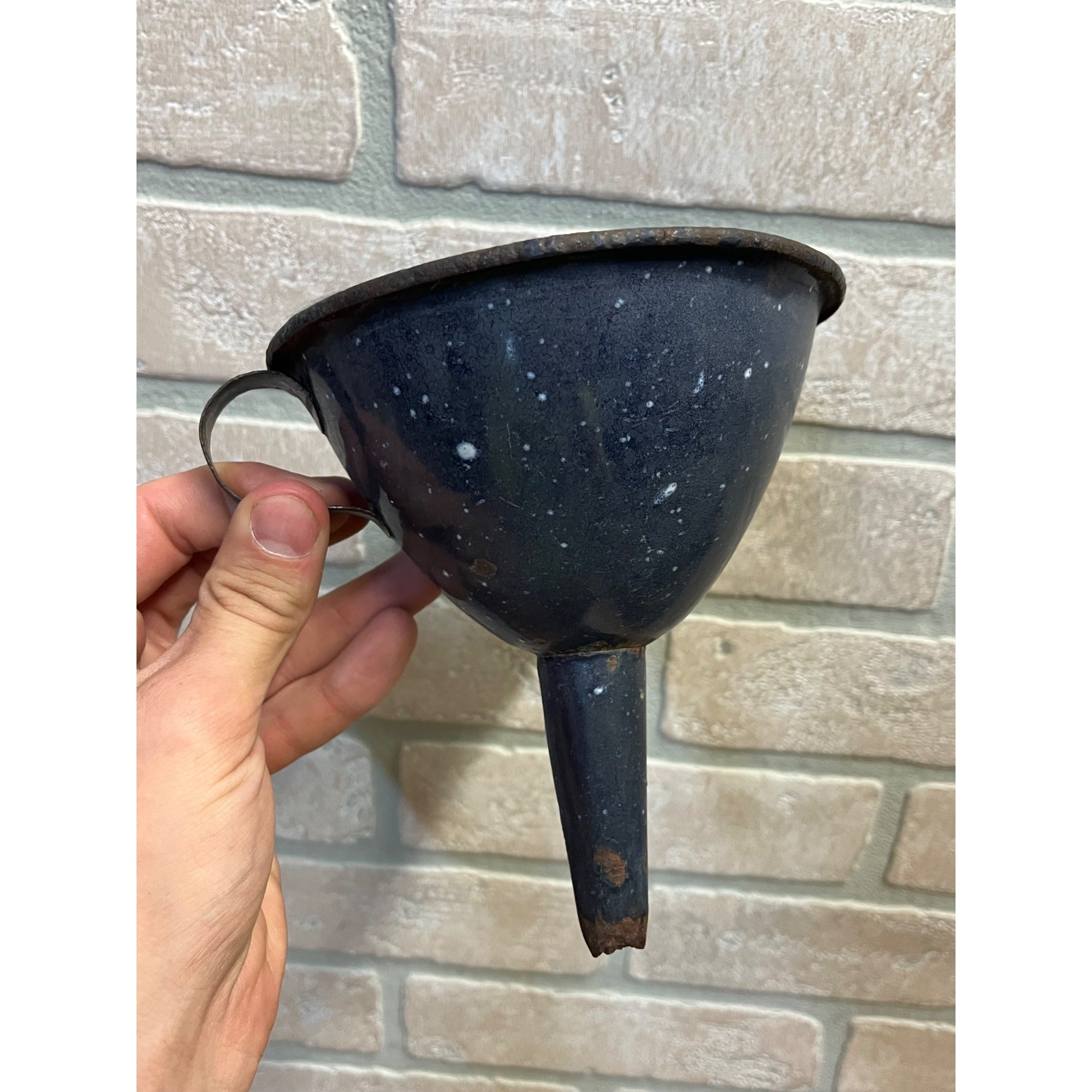 Vintage Black & White Speckled Enamelware Funnel Primitive Farm Kitchen Rustic