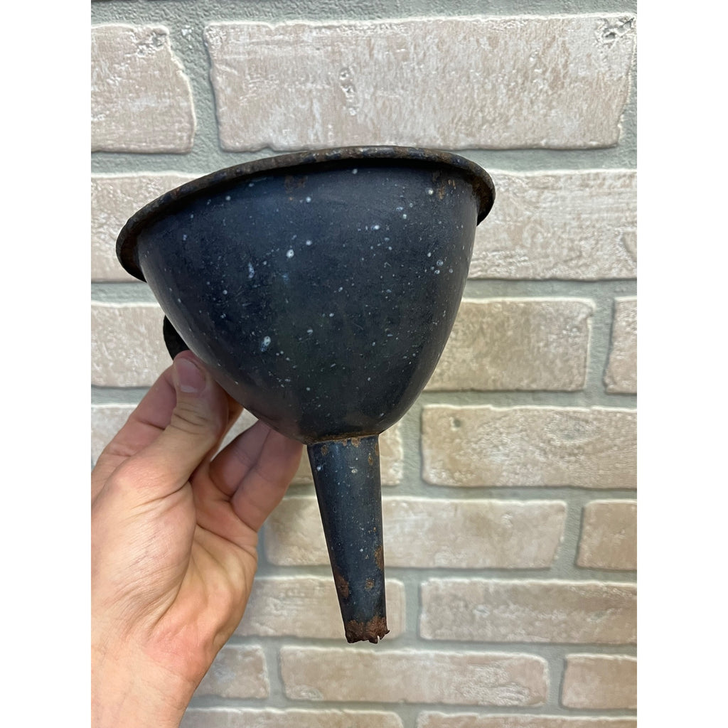 Vintage Black & White Speckled Enamelware Funnel Primitive Farm Kitchen Rustic