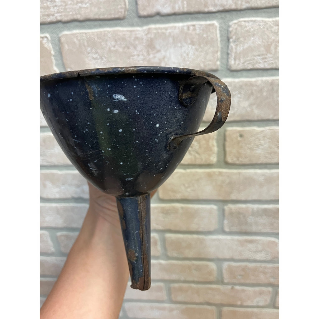 Vintage Black & White Speckled Enamelware Funnel Primitive Farm Kitchen Rustic