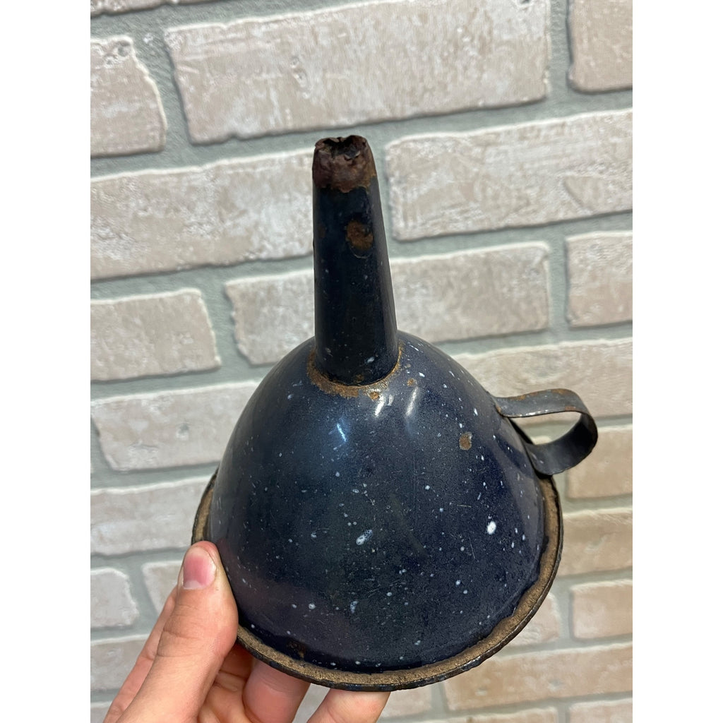 Vintage Black & White Speckled Enamelware Funnel Primitive Farm Kitchen Rustic