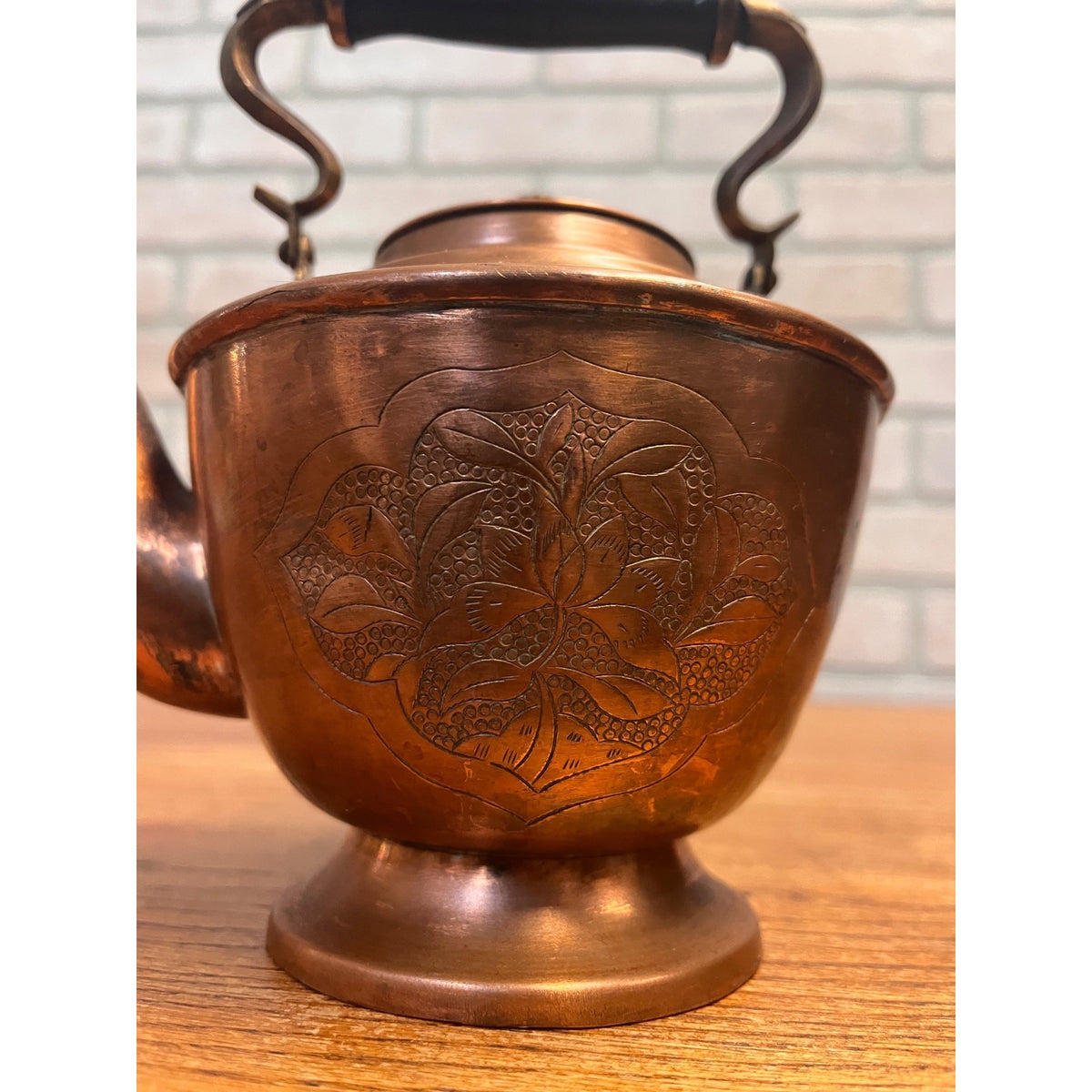 Antique 19th Century Copper Tea Kettle Teapot Hand Engraved Floral Victorian Primitive