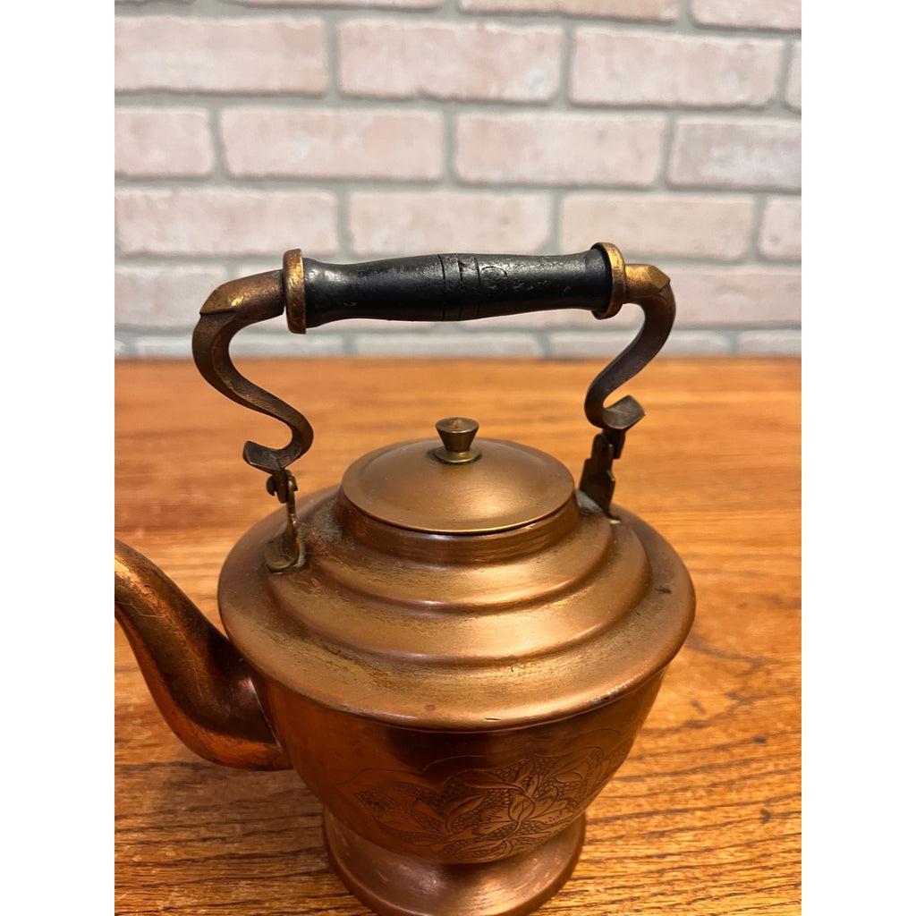 Antique 19th Century Copper Tea Kettle Teapot Hand Engraved Floral Victorian Primitive