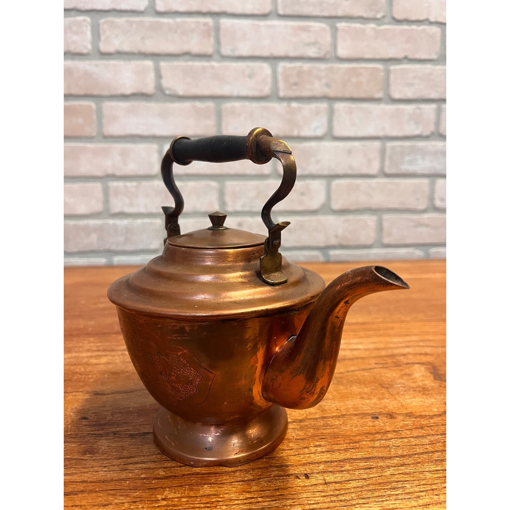 Antique 19th Century Copper Tea Kettle Teapot Hand Engraved Floral Victorian Primitive