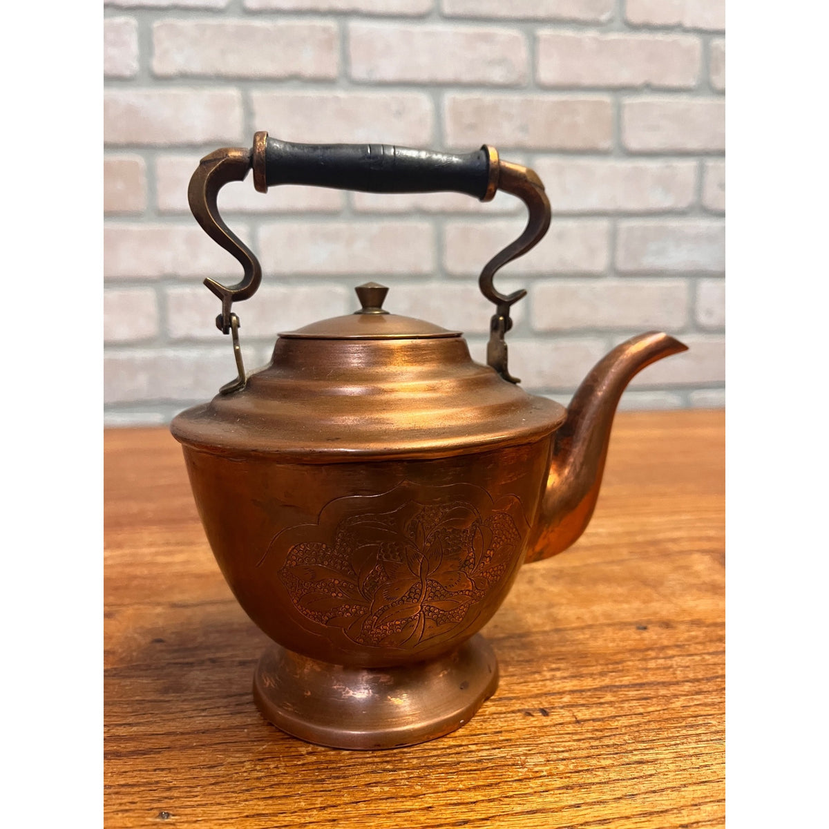 Antique 19th Century Copper Tea Kettle Teapot Hand Engraved Floral Victorian Primitive