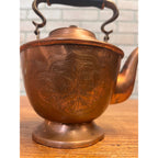 Antique 19th Century Copper Tea Kettle Teapot Hand Engraved Floral Victorian Primitive