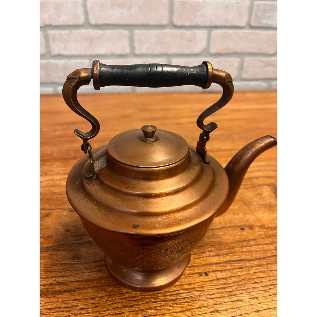 Antique 19th Century Copper Tea Kettle Teapot Hand Engraved Floral Victorian Primitive