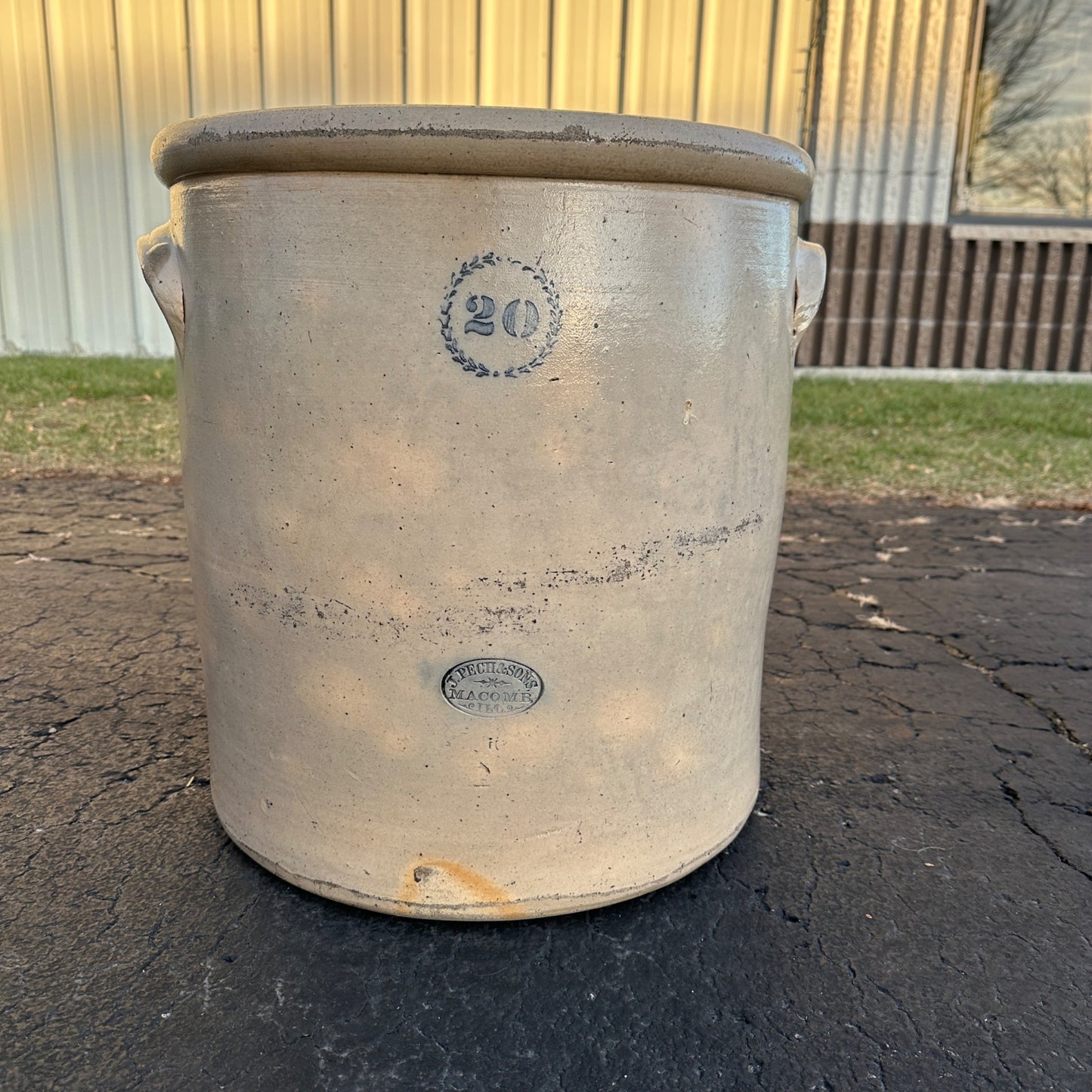 RARE Antique 19th Century J. Pech & Sons 20 Gallon Stoneware Crock Macomb ILL